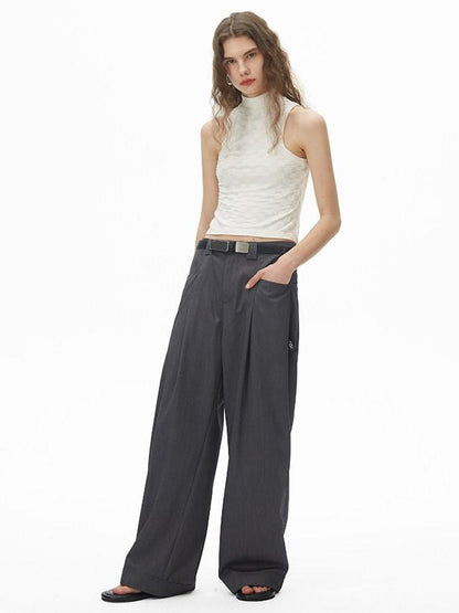 RUN TO THE FUTURE High Waist Embroidered Minimalist Grey Polyester Casual Couple Wide-Leg Pants
