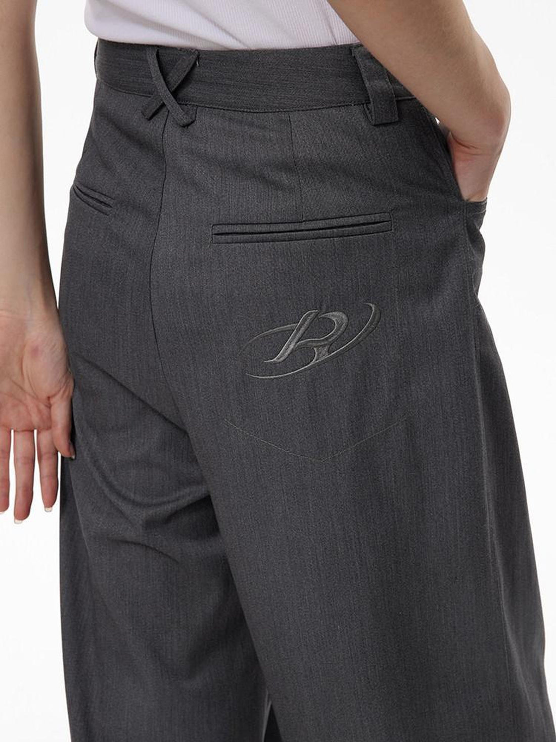RUN TO THE FUTURE High Waist Embroidered Minimalist Grey Polyester Casual Couple Wide-Leg Pants