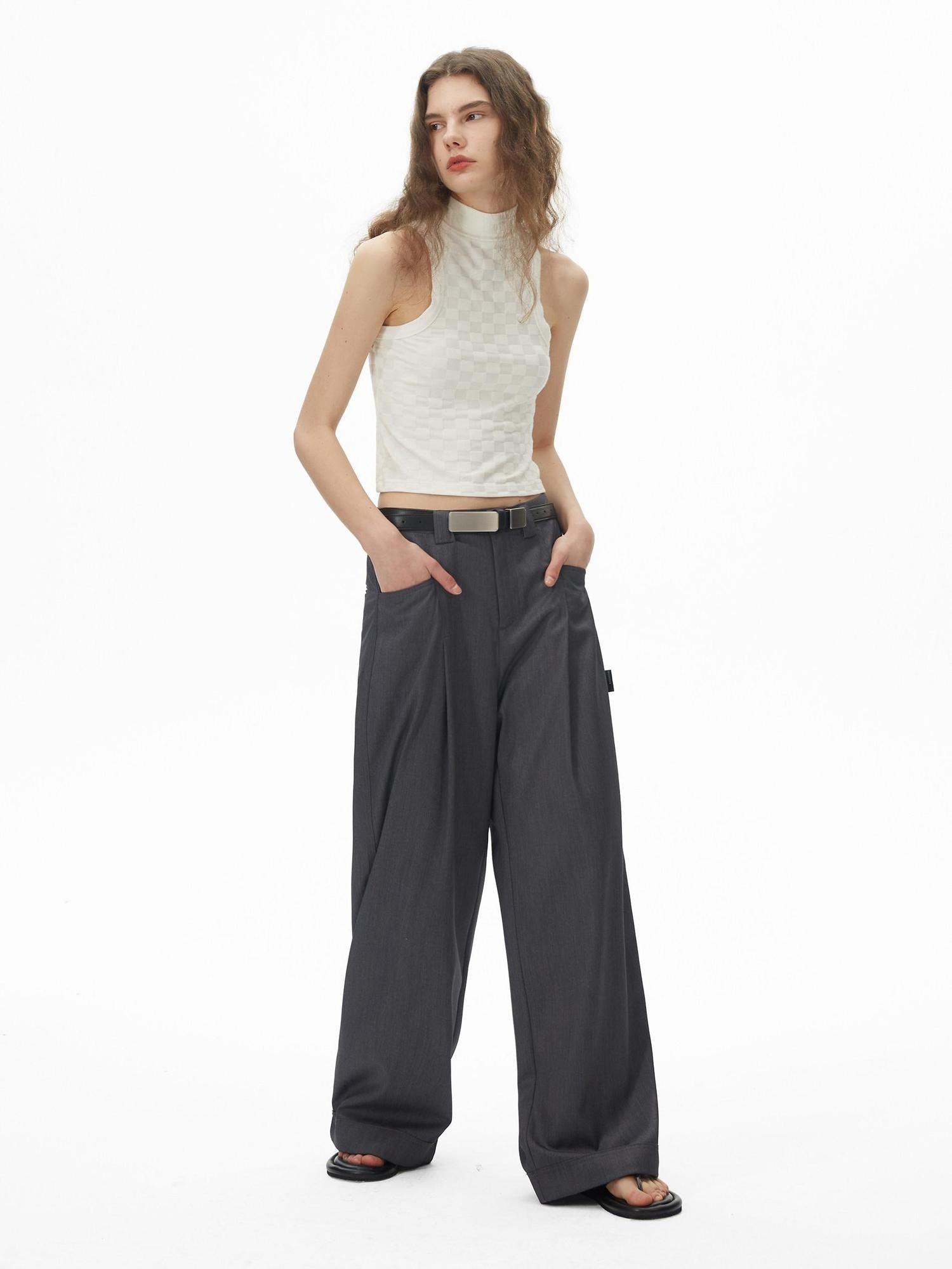 RUN TO THE FUTURE High Waist Embroidered Minimalist Grey Polyester Casual Couple Wide-Leg Pants
