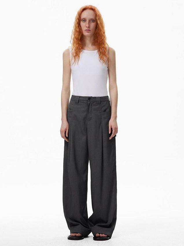 RUN TO THE FUTURE High Waist Embroidered Minimalist Grey Polyester Casual Couple Wide-Leg Pants