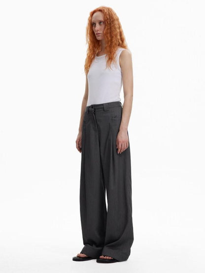 RUN TO THE FUTURE High Waist Embroidered Minimalist Grey Polyester Casual Couple Wide-Leg Pants