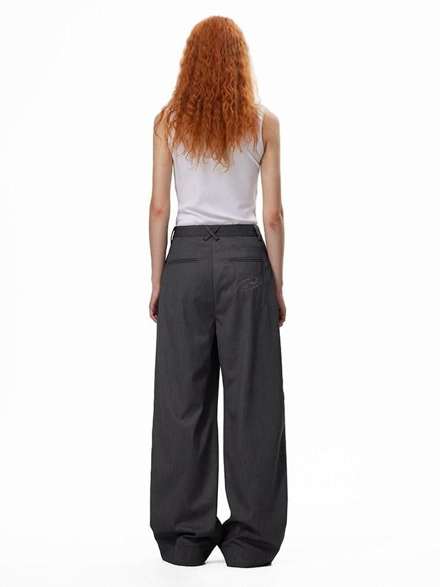 RUN TO THE FUTURE High Waist Embroidered Minimalist Grey Polyester Casual Couple Wide-Leg Pants