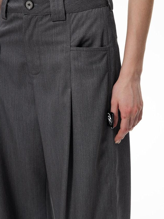 RUN TO THE FUTURE High Waist Embroidered Minimalist Grey Polyester Casual Couple Wide-Leg Pants