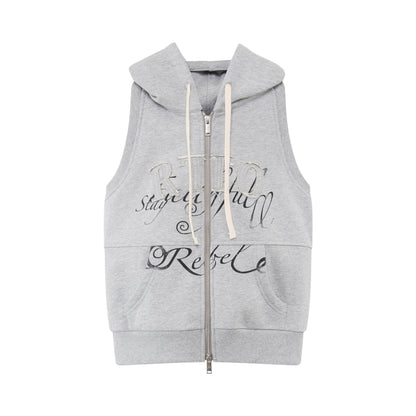 RUN TO THE FUTURE Hooded Sleeveless Zip Letter Print Casual Cotton Straight Women Top &amp; Pants Sets