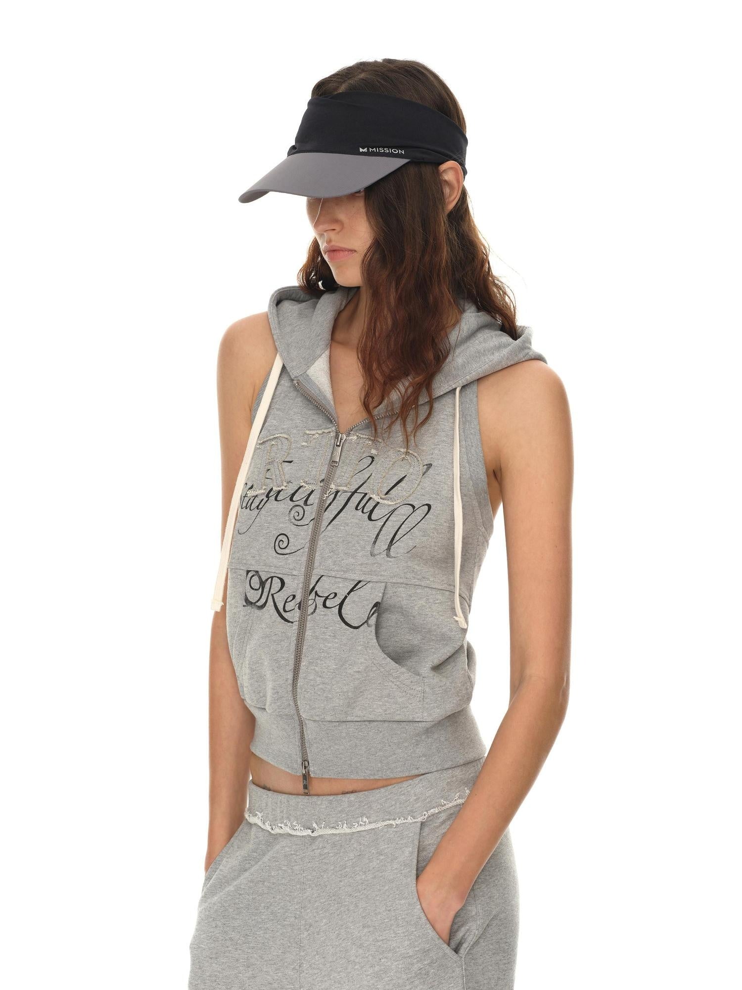 RUN TO THE FUTURE Hooded Sleeveless Zip Letter Print Casual Cotton Straight Women Top &amp; Pants Sets