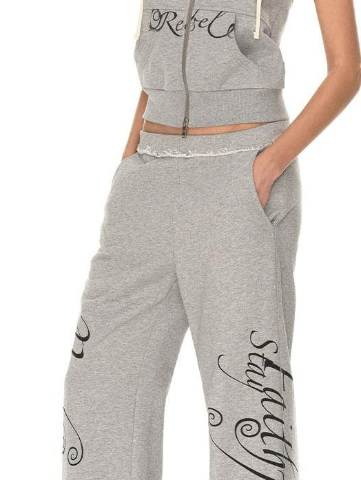 RUN TO THE FUTURE Hooded Sleeveless Zip Letter Print Casual Cotton Straight Women Top &amp; Pants Sets
