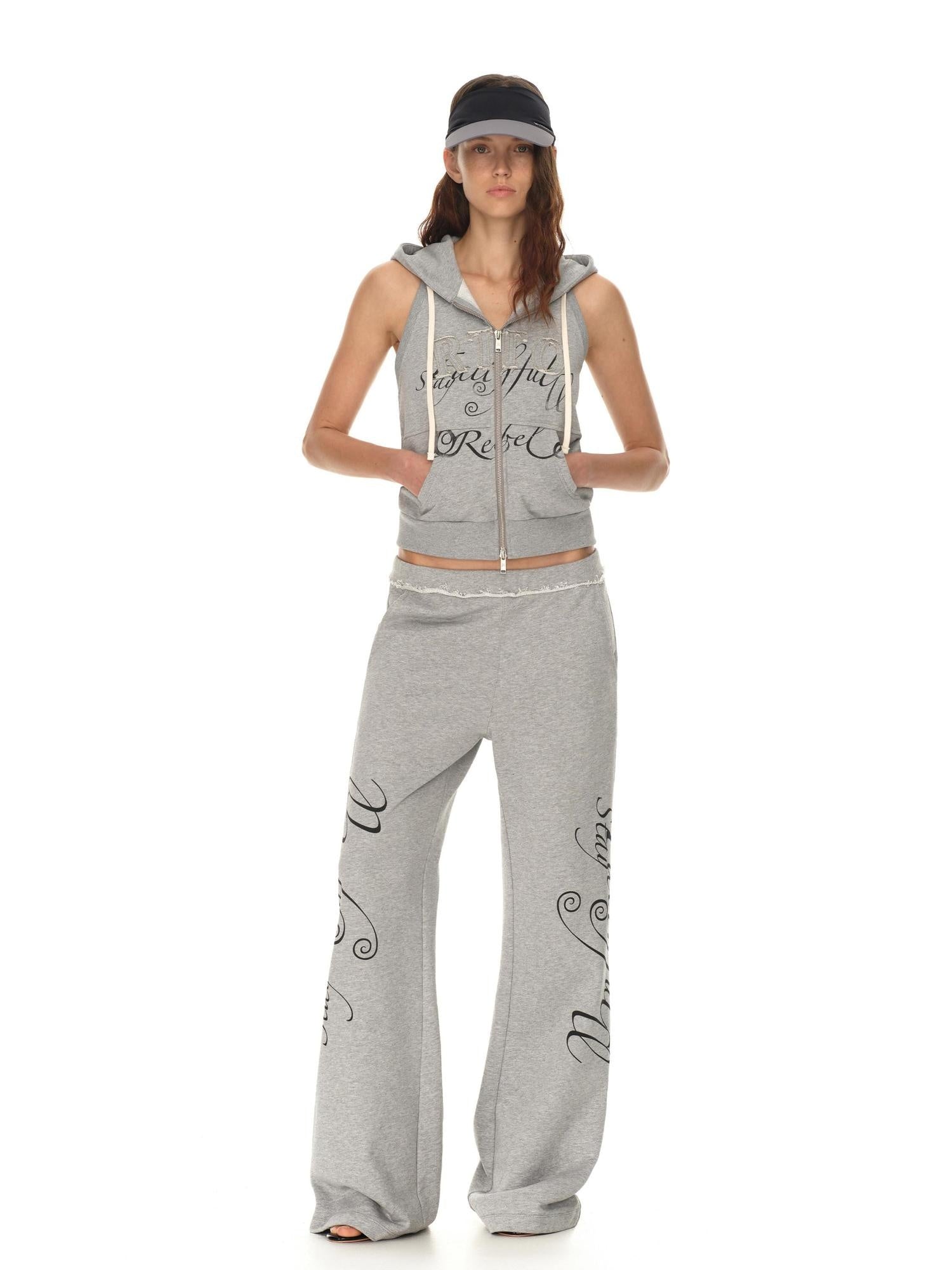 RUN TO THE FUTURE Hooded Sleeveless Zip Letter Print Casual Cotton Straight Women Top &amp; Pants Sets