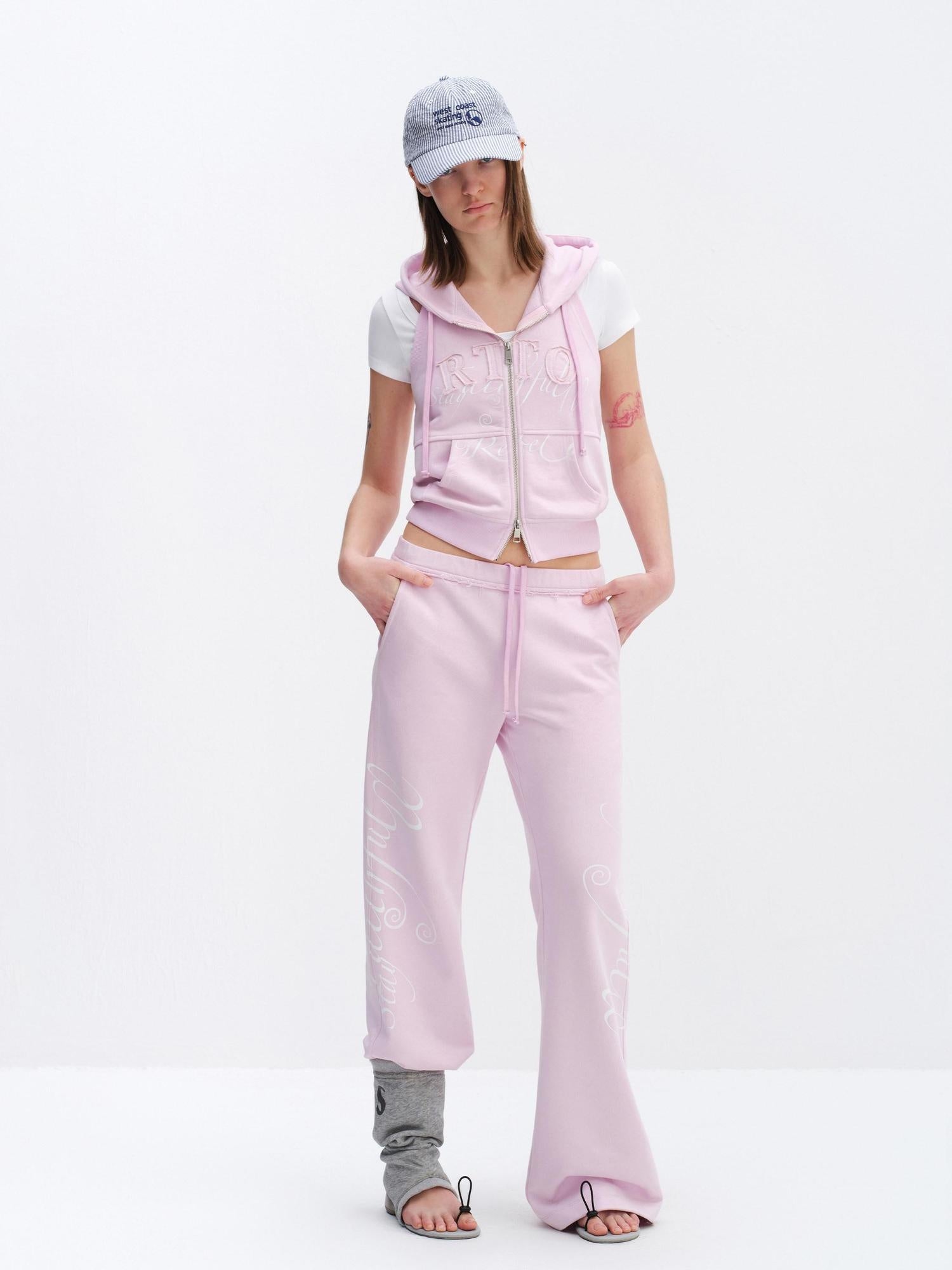 RUN TO THE FUTURE Hooded Sleeveless Zip Letter Print Casual Cotton Straight Women Top &amp; Pants Sets