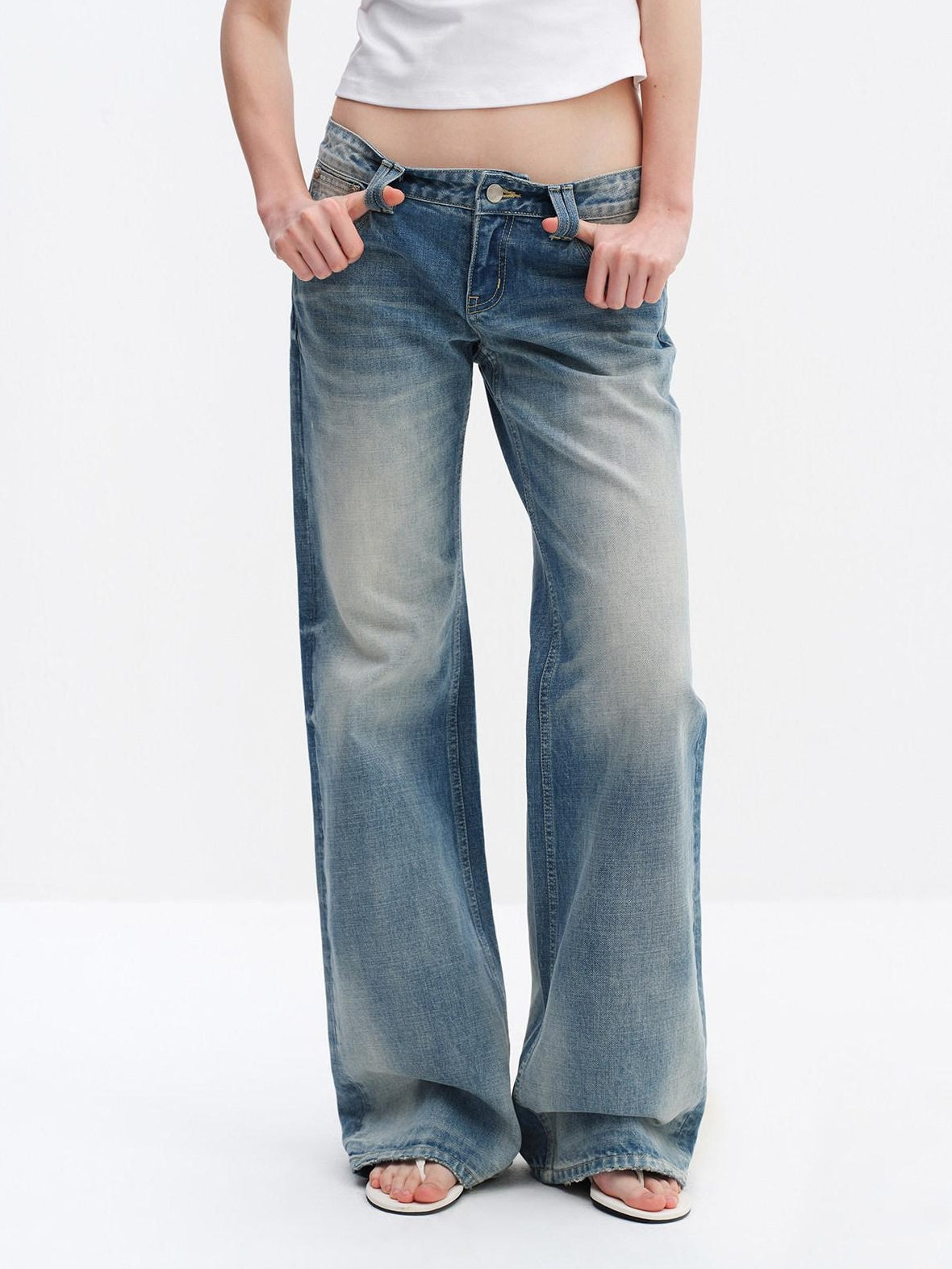 RUN TO THE FUTURE Ice Blue Cotton Low Rise Button Fly No Stretch Classic Womens Straight Jeans