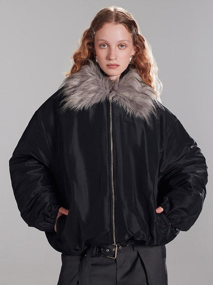 RUN TO THE FUTURE Insulated Ruched Oversized Commuter Vintage Unisex Zipper Black Puffer Jackets
