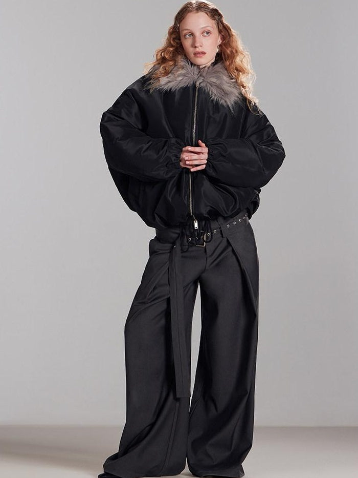 RUN TO THE FUTURE Insulated Ruched Oversized Commuter Vintage Unisex Zipper Black Puffer Jackets