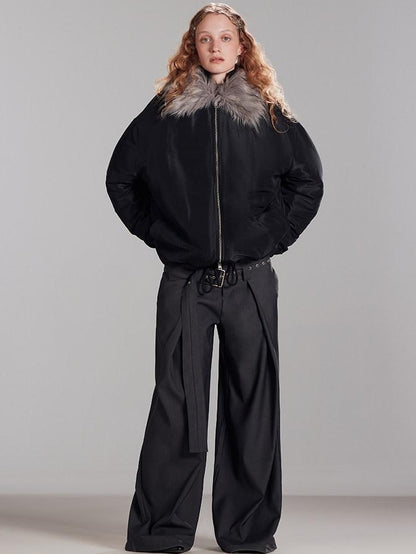 RUN TO THE FUTURE Insulated Ruched Oversized Commuter Vintage Unisex Zipper Black Puffer Jackets