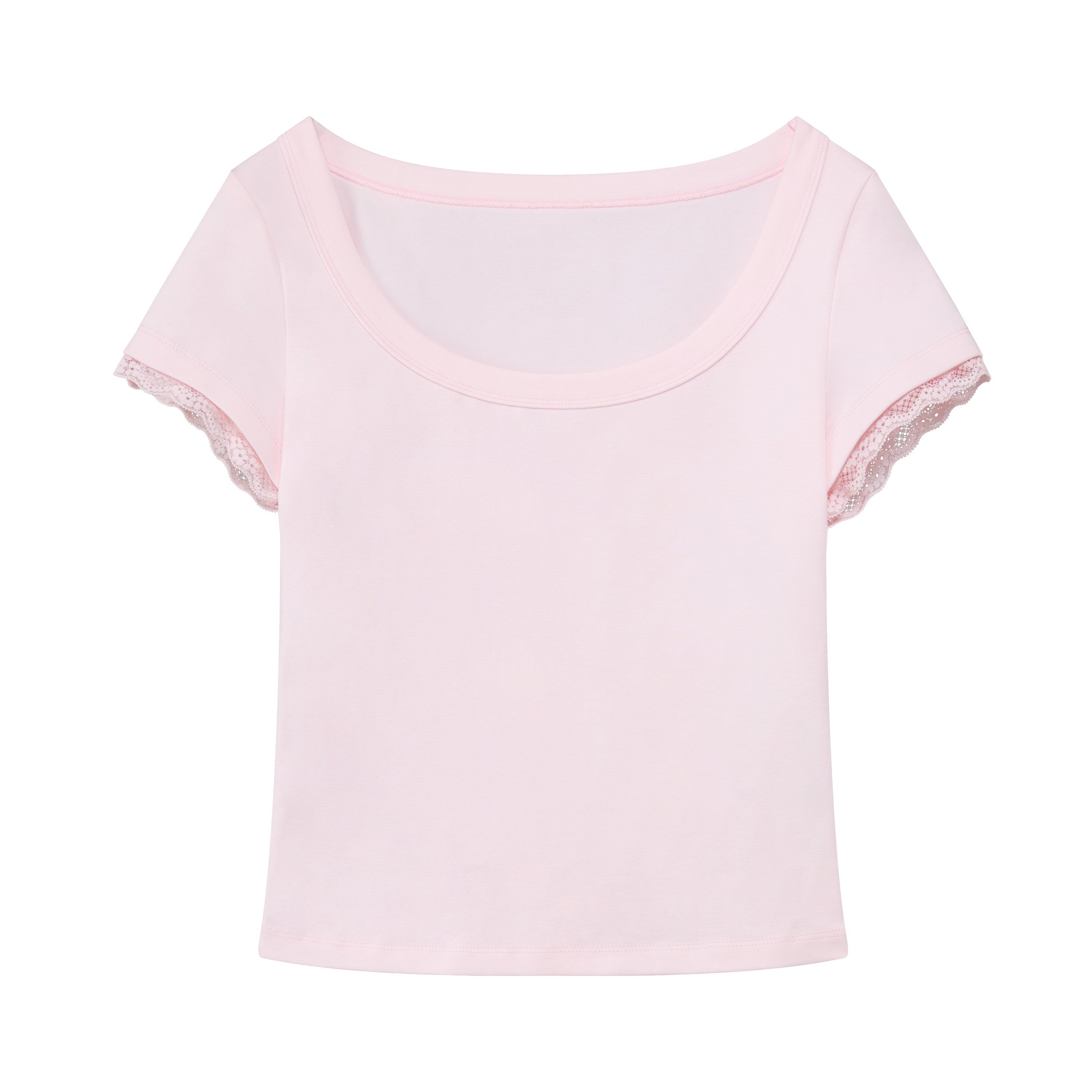 RUN TO THE FUTURE Lace Trim Slim Fit Round Neck Short Sleeve Womens Cotton Blend Crop Tops
