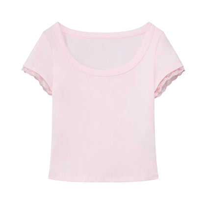 RUN TO THE FUTURE Lace Trim Slim Fit Round Neck Short Sleeve Womens Cotton Blend Crop Tops