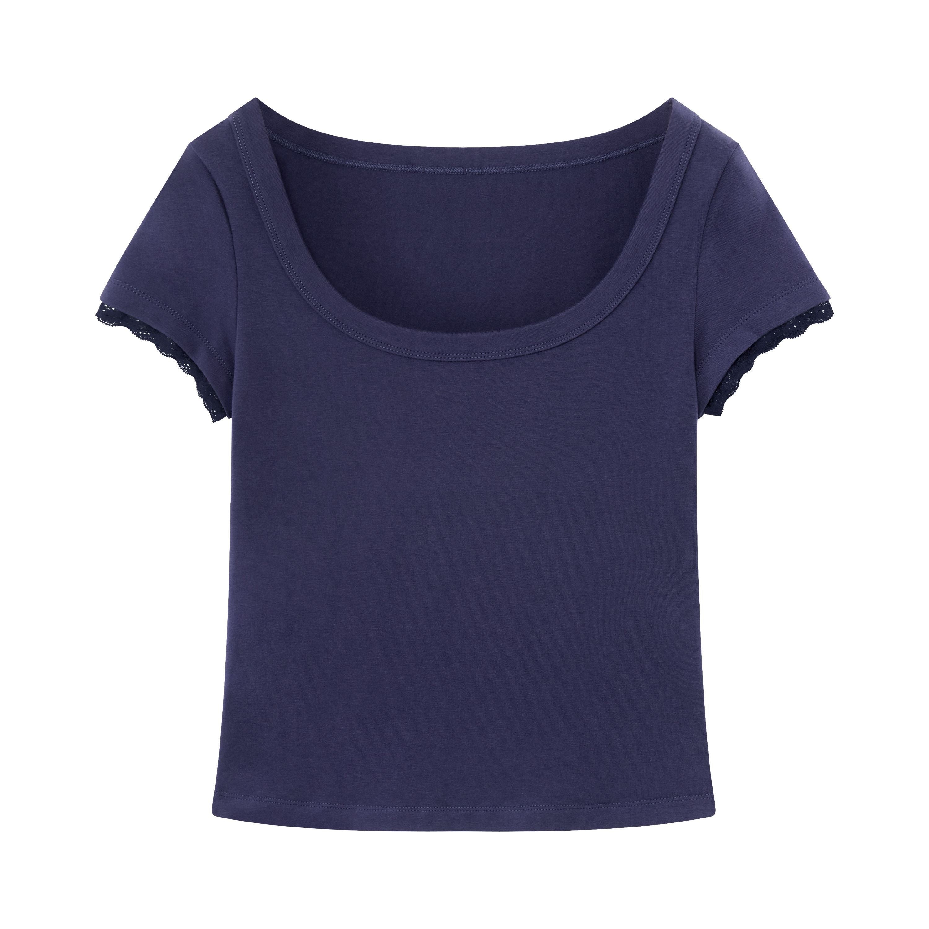RUN TO THE FUTURE Lace Trim Slim Fit Round Neck Short Sleeve Womens Cotton Blend Crop Tops