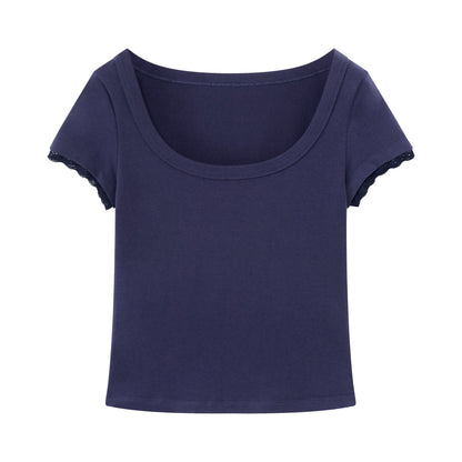 RUN TO THE FUTURE Lace Trim Slim Fit Round Neck Short Sleeve Womens Cotton Blend Crop Tops