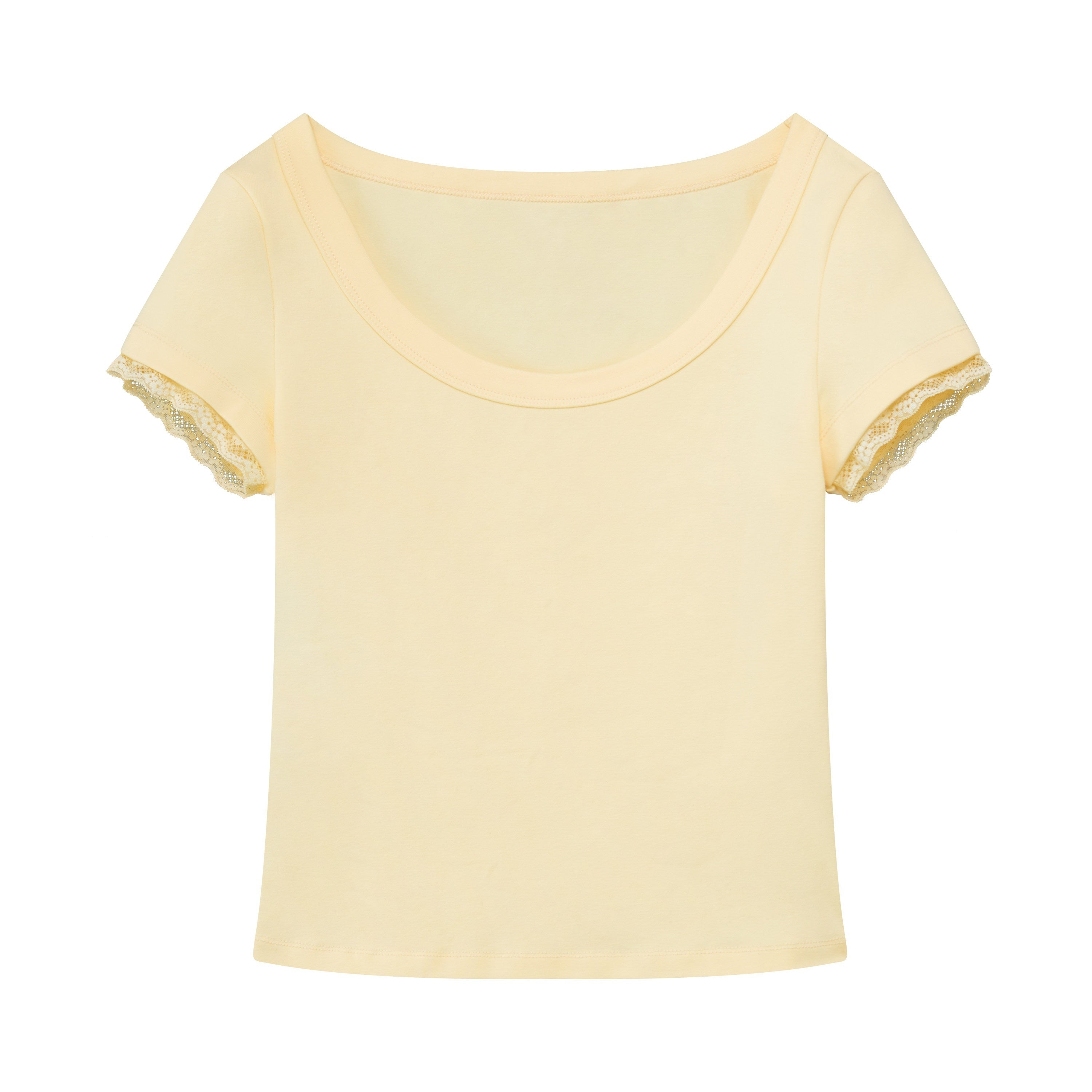 RUN TO THE FUTURE Lace Trim Slim Fit Round Neck Short Sleeve Womens Cotton Blend Crop Tops
