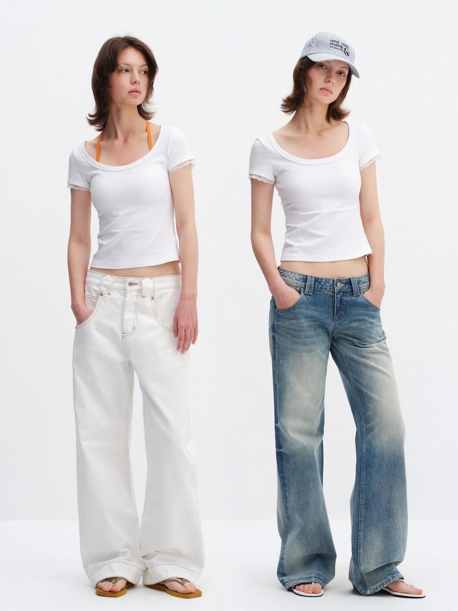RUN TO THE FUTURE Lace Trim Slim Fit Round Neck Short Sleeve Womens Cotton Blend Crop Tops