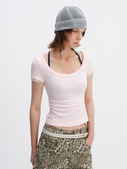 RUN TO THE FUTURE Lace Trim Slim Fit Round Neck Short Sleeve Womens Cotton Blend Crop Tops