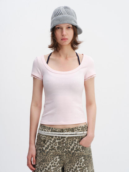 RUN TO THE FUTURE Lace Trim Slim Fit Round Neck Short Sleeve Womens Cotton Blend Crop Tops