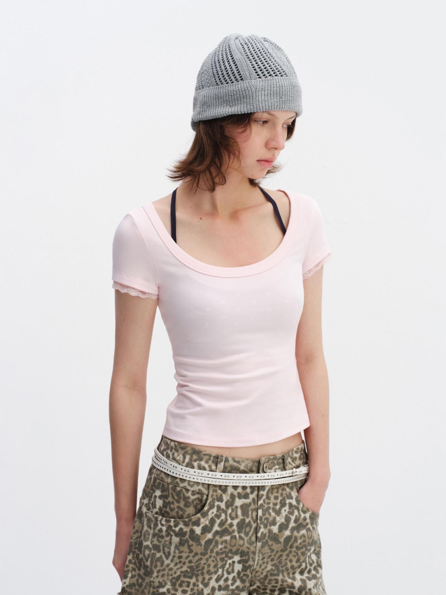 RUN TO THE FUTURE Lace Trim Slim Fit Round Neck Short Sleeve Womens Cotton Blend Crop Tops