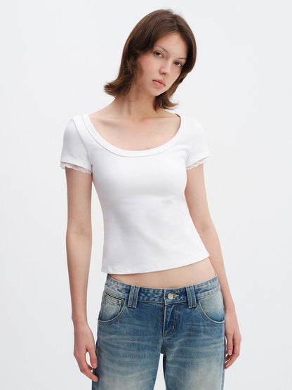 RUN TO THE FUTURE Lace Trim Slim Fit Round Neck Short Sleeve Womens Cotton Blend Crop Tops