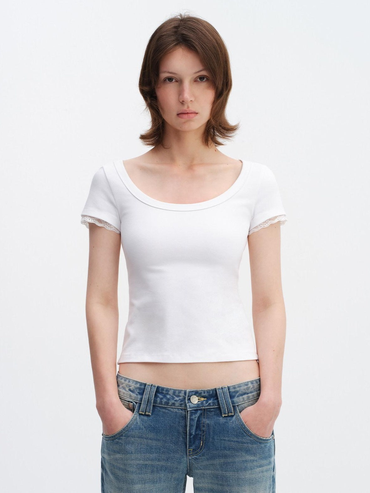 RUN TO THE FUTURE Lace Trim Slim Fit Round Neck Short Sleeve Womens Cotton Blend Crop Tops