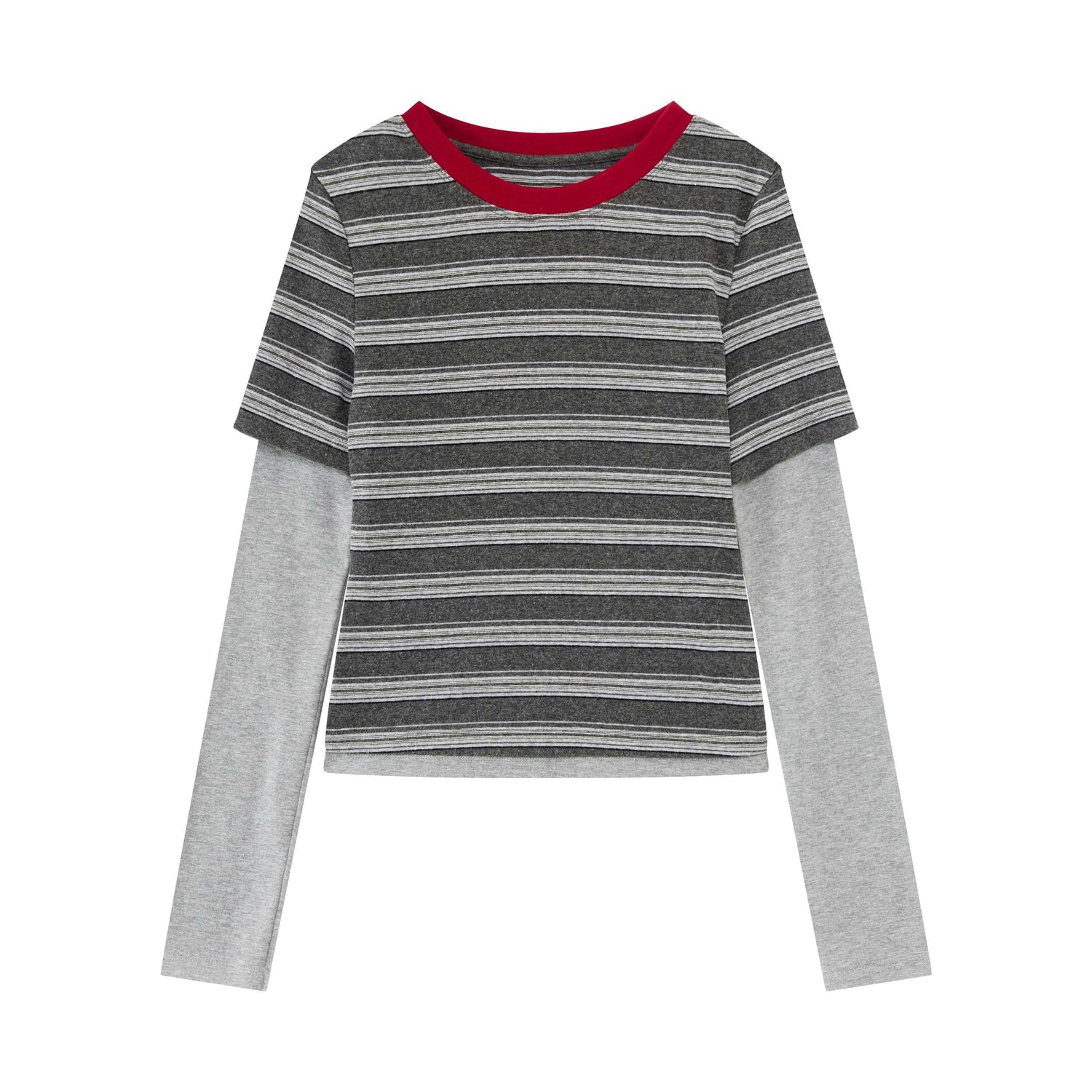RUN TO THE FUTURE Layered Spliced Casual Crewneck For Women Black Red Striped Long Sleeve T-Shirts