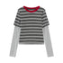 RUN TO THE FUTURE Layered Spliced Casual Crewneck For Women Black Red Striped Long Sleeve T-Shirts