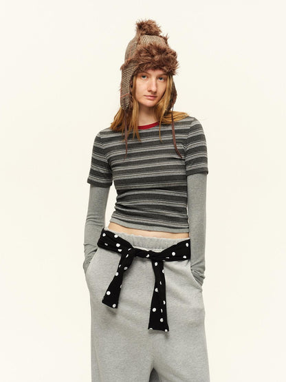 RUN TO THE FUTURE Layered Spliced Casual Crewneck For Women Black Red Striped Long Sleeve T-Shirts