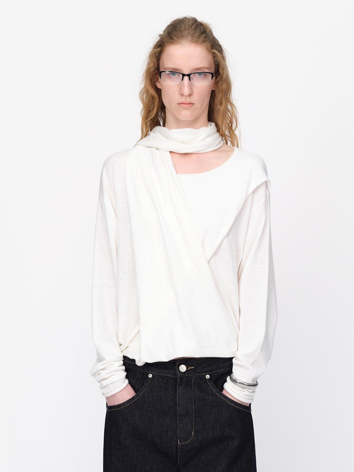 RUN TO THE FUTURE Lazy Scarf Design Long Sleeve Asymmetric Shoulder Women&