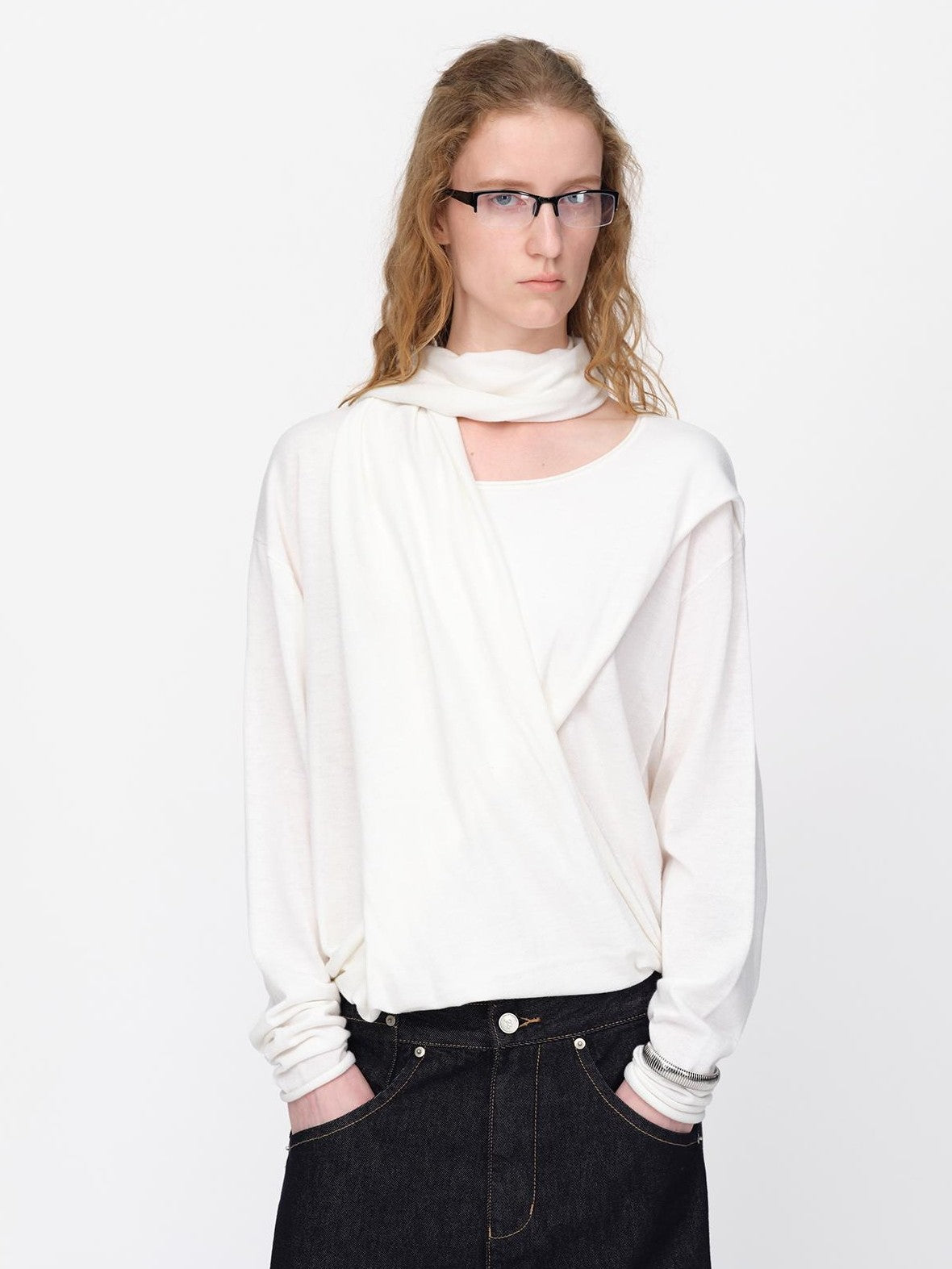 RUN TO THE FUTURE Lazy Scarf Design Long Sleeve Asymmetric Shoulder Women&