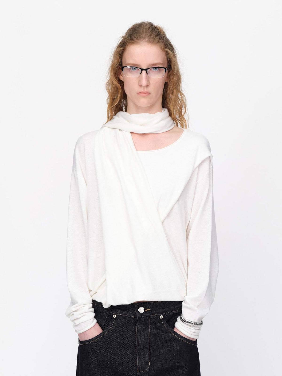RUN TO THE FUTURE Lazy Scarf Design Long Sleeve Asymmetric Shoulder Women&