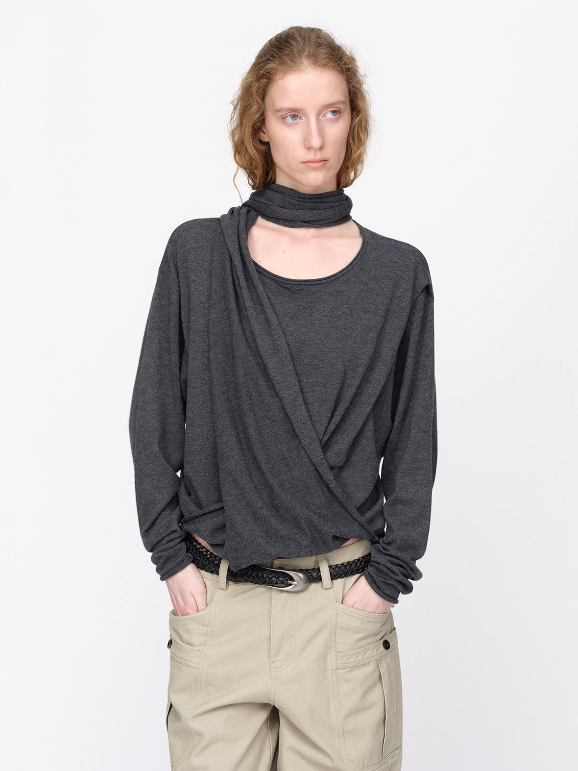 RUN TO THE FUTURE Lazy Scarf Design Long Sleeve Asymmetric Shoulder Women&