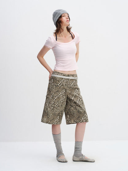 RUN TO THE FUTURE Leopard Print Vintage Pocket Mid Rise Wide Leg Casual Unisex Chino Shorts