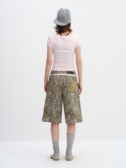 RUN TO THE FUTURE Leopard Print Vintage Pocket Mid Rise Wide Leg Casual Unisex Chino Shorts