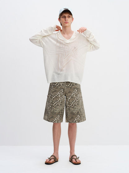 RUN TO THE FUTURE Leopard Print Vintage Pocket Mid Rise Wide Leg Casual Unisex Chino Shorts