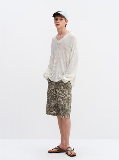 RUN TO THE FUTURE Leopard Print Vintage Pocket Mid Rise Wide Leg Casual Unisex Chino Shorts