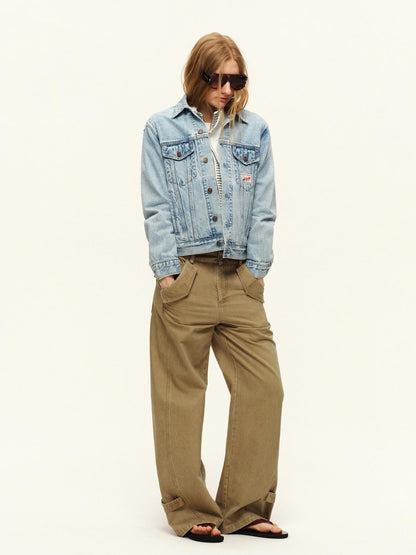 RUN TO THE FUTURE Light Blue Distressed Oversized Turned Collar Women&