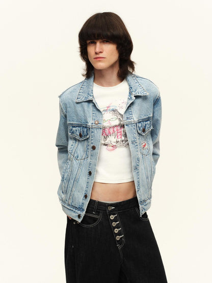 RUN TO THE FUTURE Light Blue Distressed Oversized Turned Collar Women&