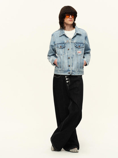 RUN TO THE FUTURE Light Blue Distressed Oversized Turned Collar Women&