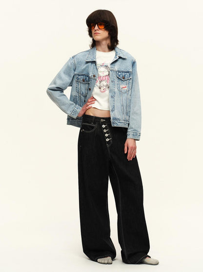 RUN TO THE FUTURE Light Blue Distressed Oversized Turned Collar Women&