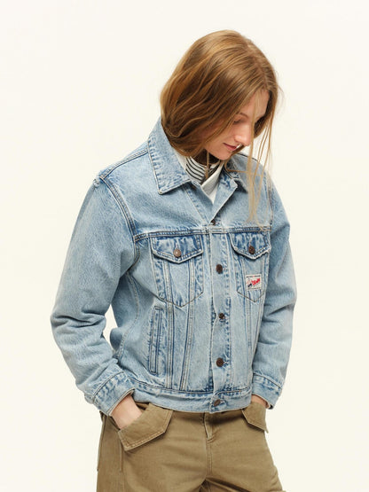 RUN TO THE FUTURE Light Blue Distressed Oversized Turned Collar Women&