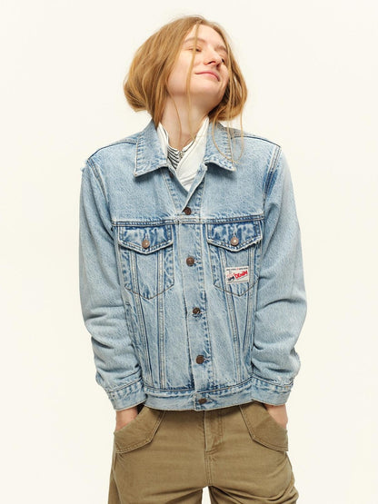 RUN TO THE FUTURE Light Blue Distressed Oversized Turned Collar Women&