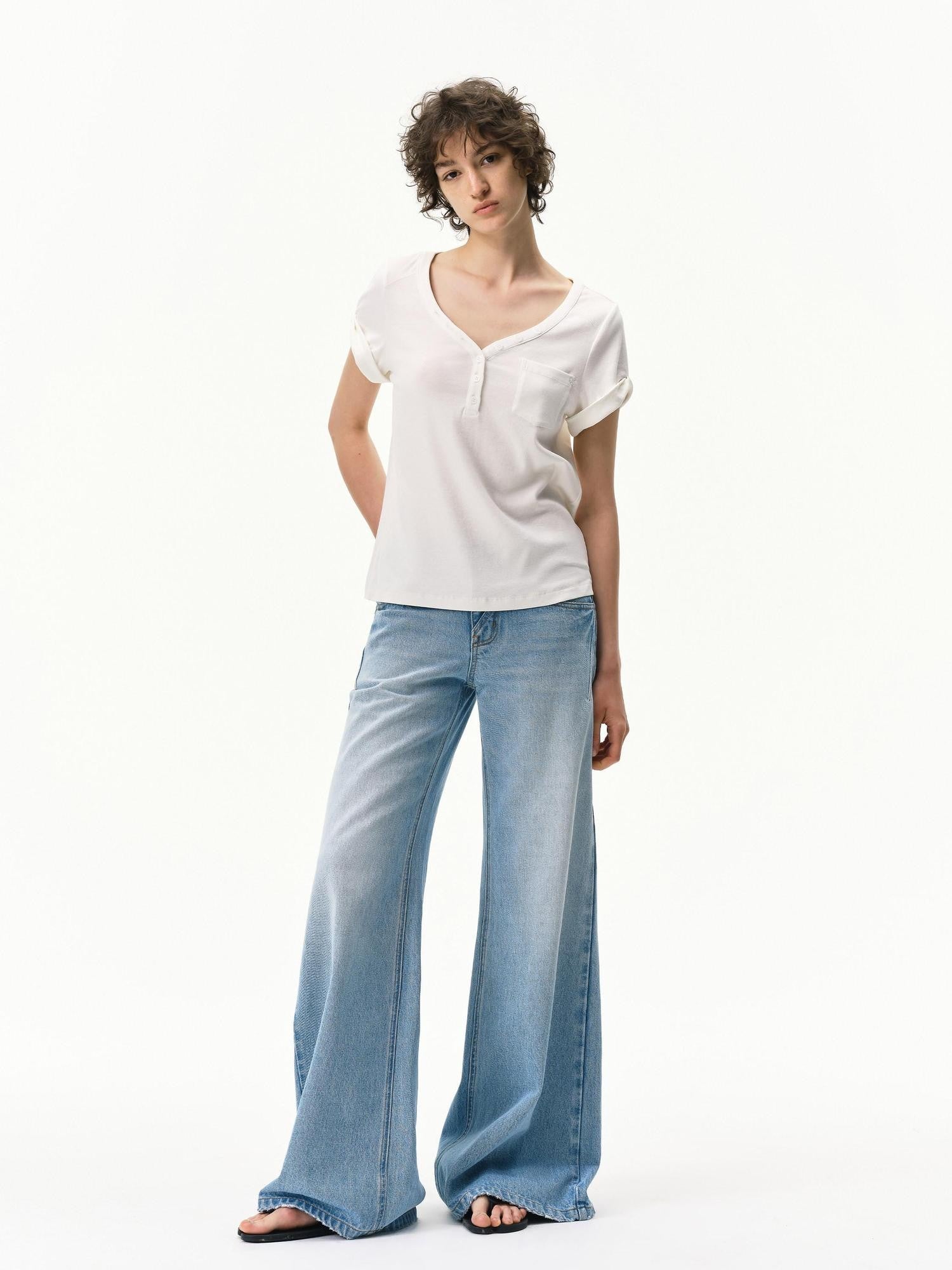 RUN TO THE FUTURE Light Blue Distressed Washed Vintage Low Rise Wide Leg Women&