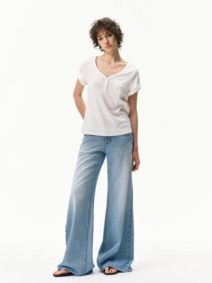 RUN TO THE FUTURE Light Blue Distressed Washed Vintage Low Rise Wide Leg Women&