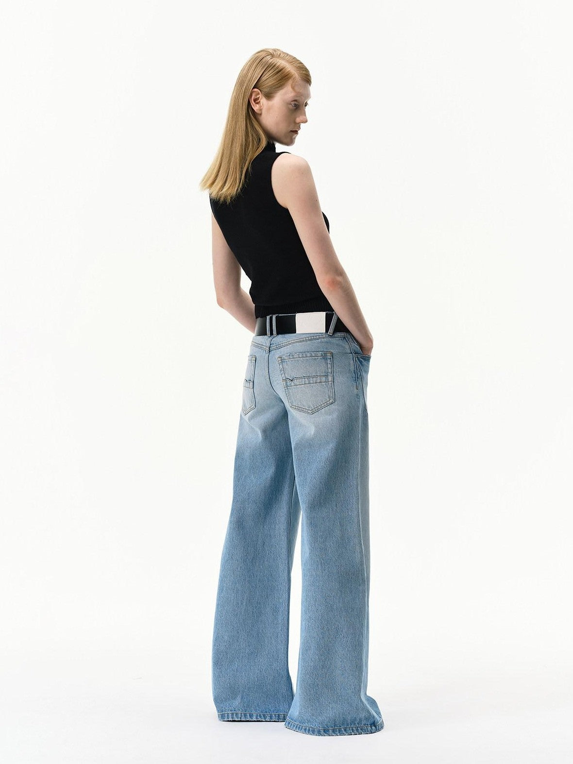 RUN TO THE FUTURE Light Blue Distressed Washed Vintage Low Rise Wide Leg Women&