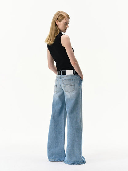 RUN TO THE FUTURE Light Blue Distressed Washed Vintage Low Rise Wide Leg Women&
