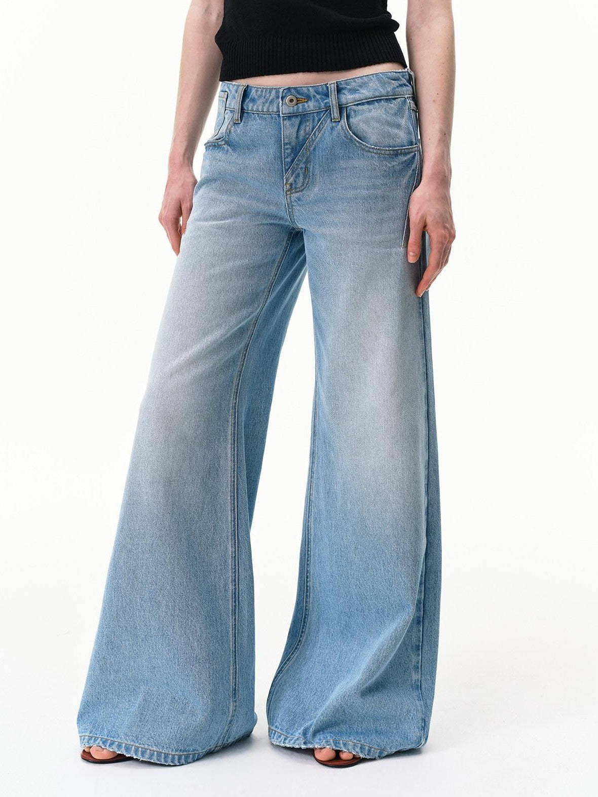 RUN TO THE FUTURE Light Blue Distressed Washed Vintage Low Rise Wide Leg Women&