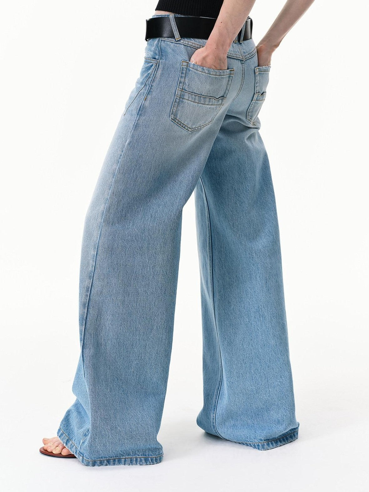 RUN TO THE FUTURE Light Blue Distressed Washed Vintage Low Rise Wide Leg Women&